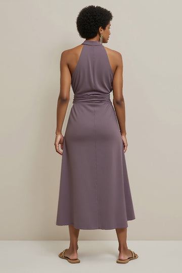 Purple Sheath Satin Halter Neck Long Work Dress